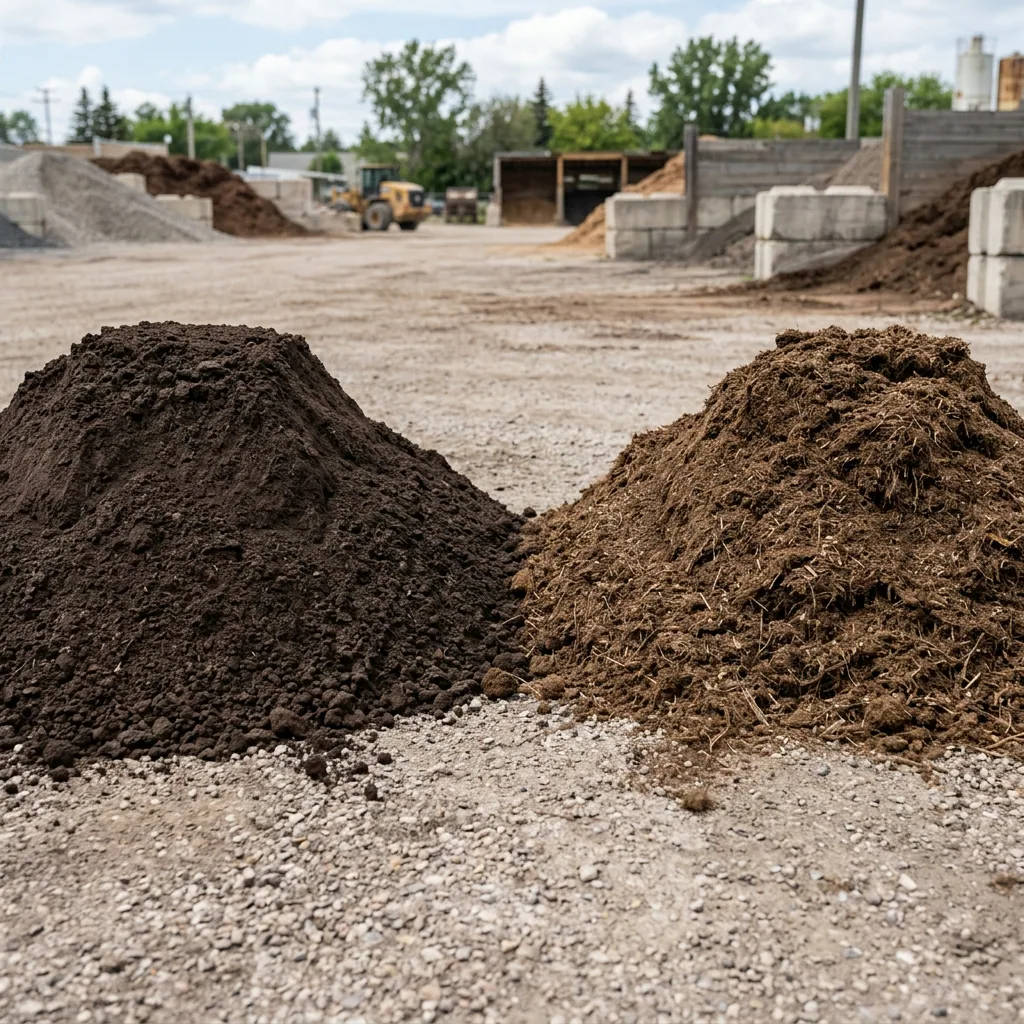Side by side comparison of screened topsoil and 4-way blend soil at Ditchfield Supplies Winnipeg showing texture difference