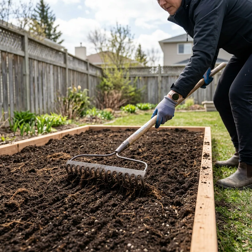 4-way blend being spread in Winnipeg garden bed showing rich dark amended soil with visible peat and organic matter ready for planting