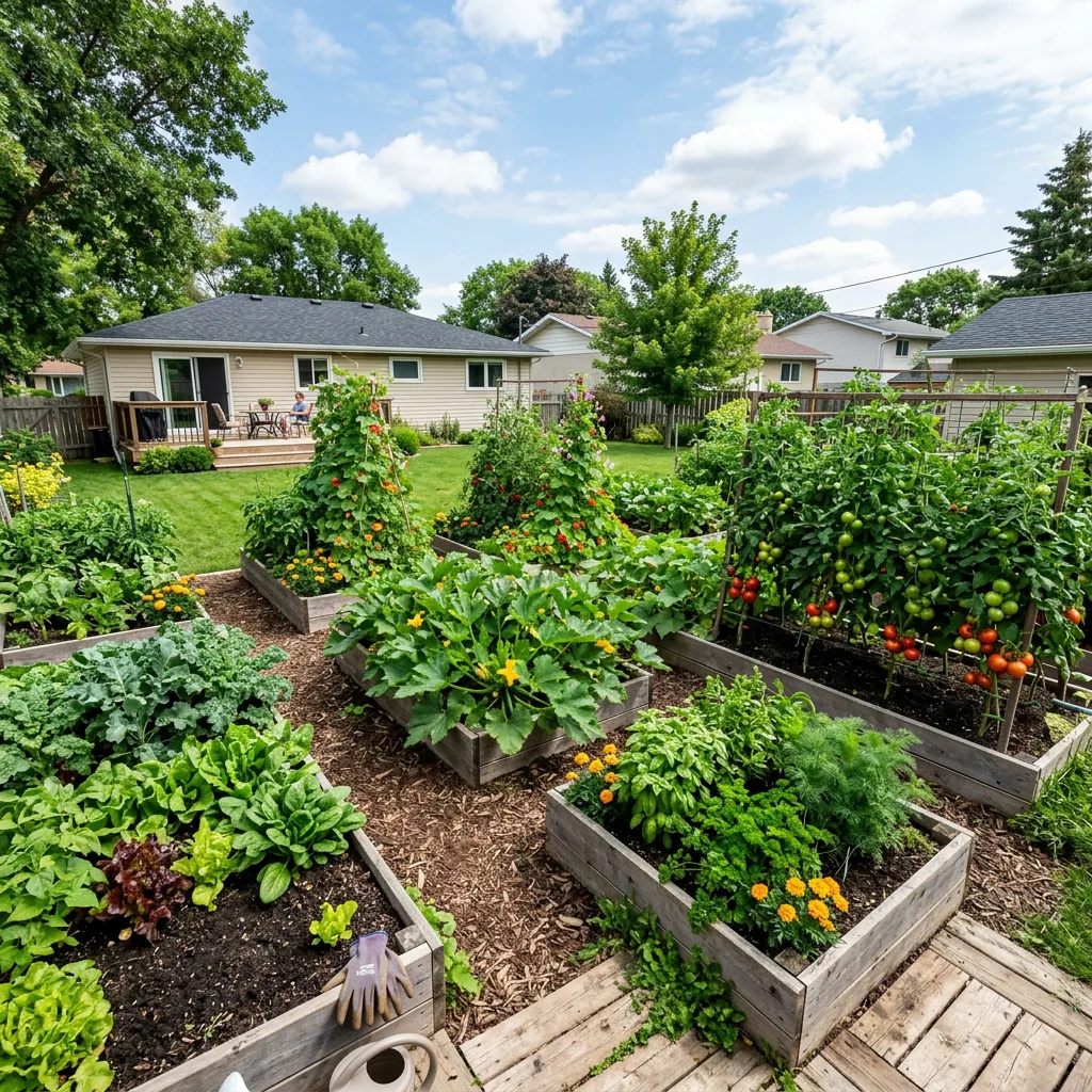 Thriving vegetable garden in Winnipeg backyard established in 4-way blend soil showing lush healthy plants and good drainage