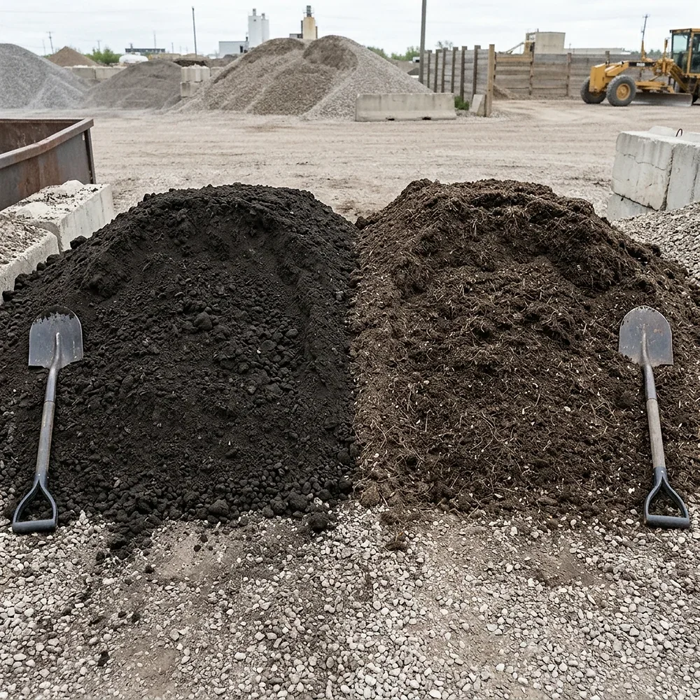 Side by side comparison of screened topsoil and 4-way blend soil at Ditchfield Supplies Winnipeg showing texture difference