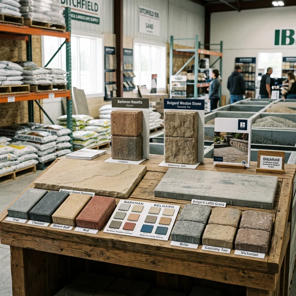 Barkman and Belgard paver samples displayed at Ditchfield Supplies Winnipeg showing product range for spring season