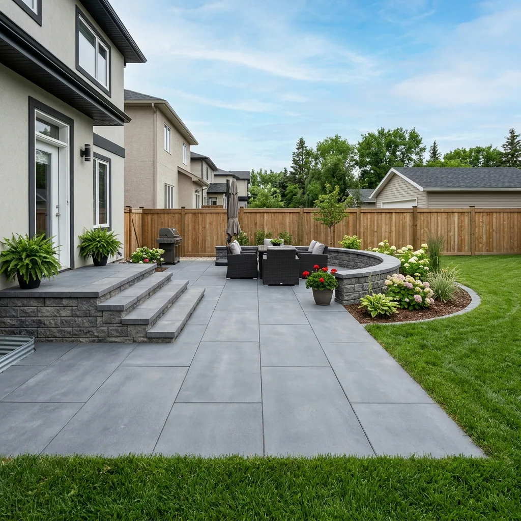 Completed Belgard paver patio with wall block and steps in Winnipeg residential backyard showing system design continuity