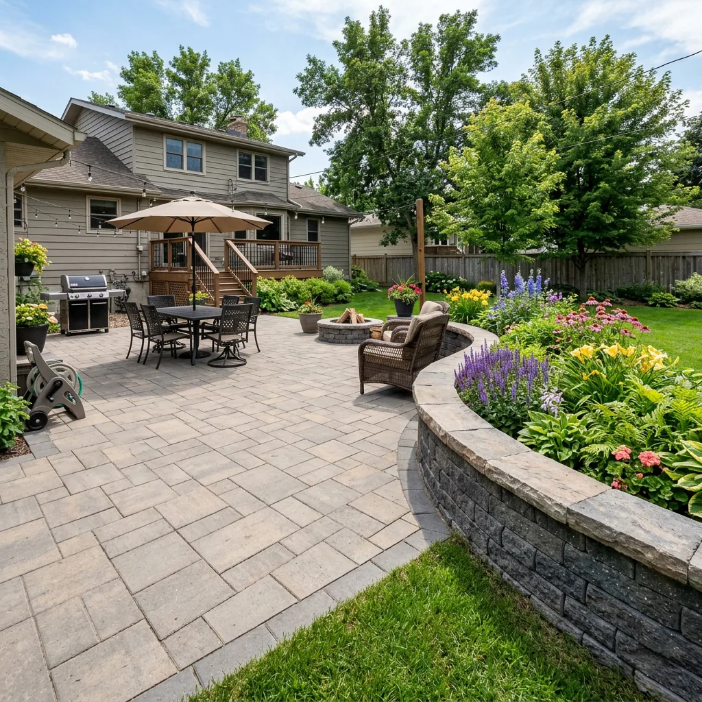 Barkman Holland paver patio with Quarry Stone garden wall border in Winnipeg residential yard showing classic design