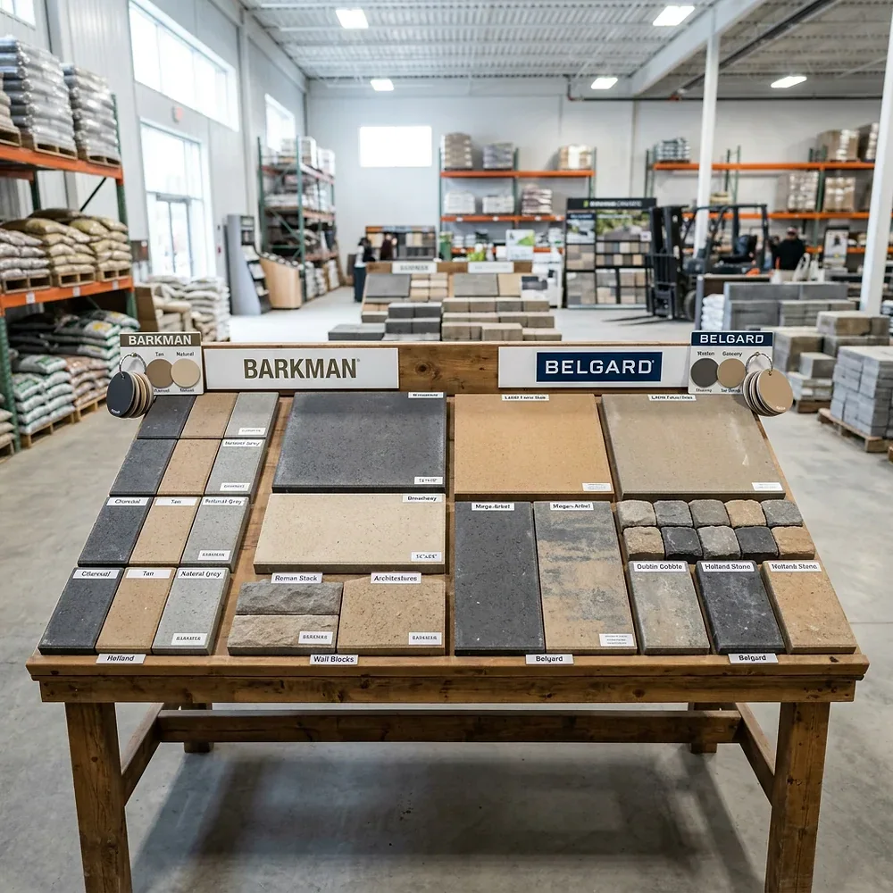 Barkman and Belgard paver samples displayed at Ditchfield Supplies Winnipeg showing product range for spring season