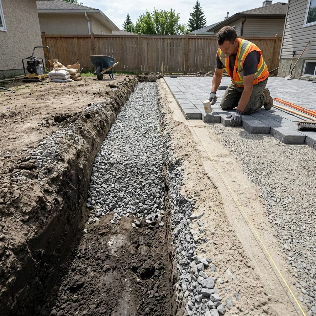 Patio base cross-section in Winnipeg showing crusher run limestone sub-base being compacted before paver installation