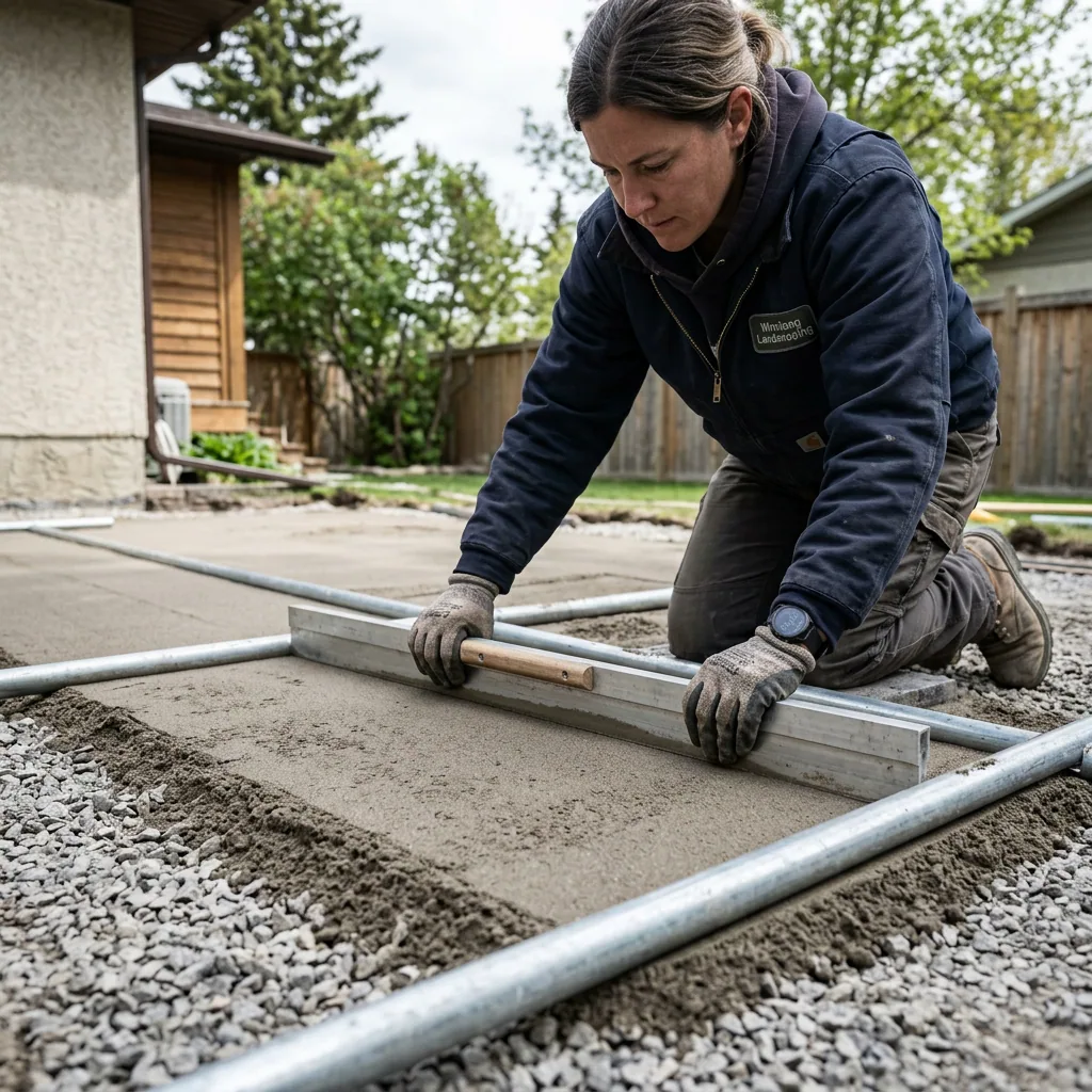 Bedding sand being screeded to exactly 1 inch depth using screed pipes in preparation for interlocking paver installation in Winnipeg