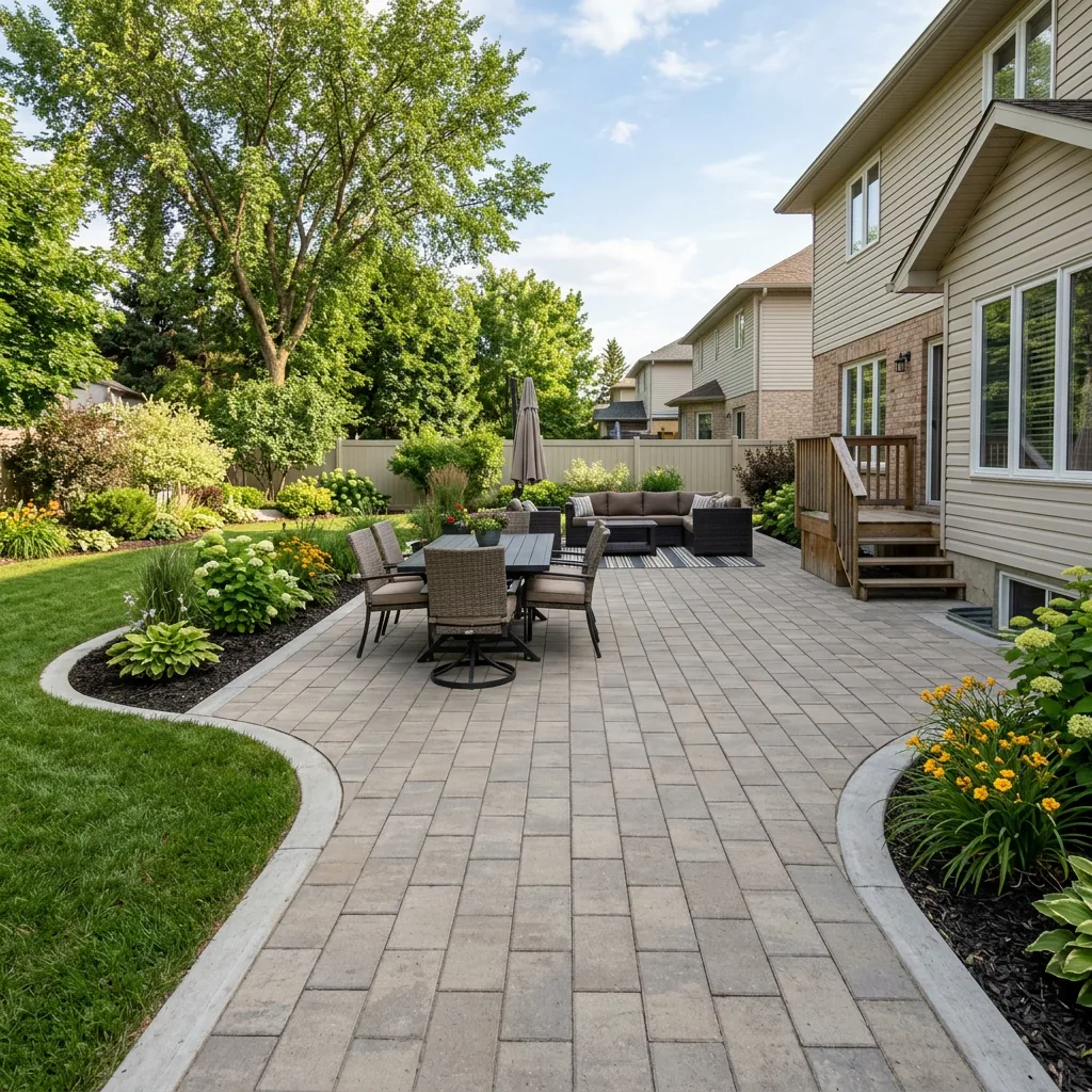 Completed interlocking paver patio in Winnipeg backyard installed on proper three-layer base system with crusher run and bedding sand