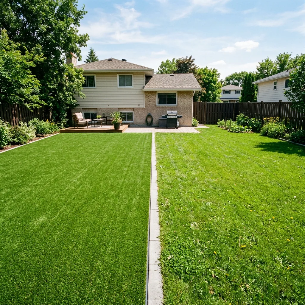 Side by side comparison of synthetic turf and natural sod in Winnipeg residential yard showing green artificial grass and natural grass sections