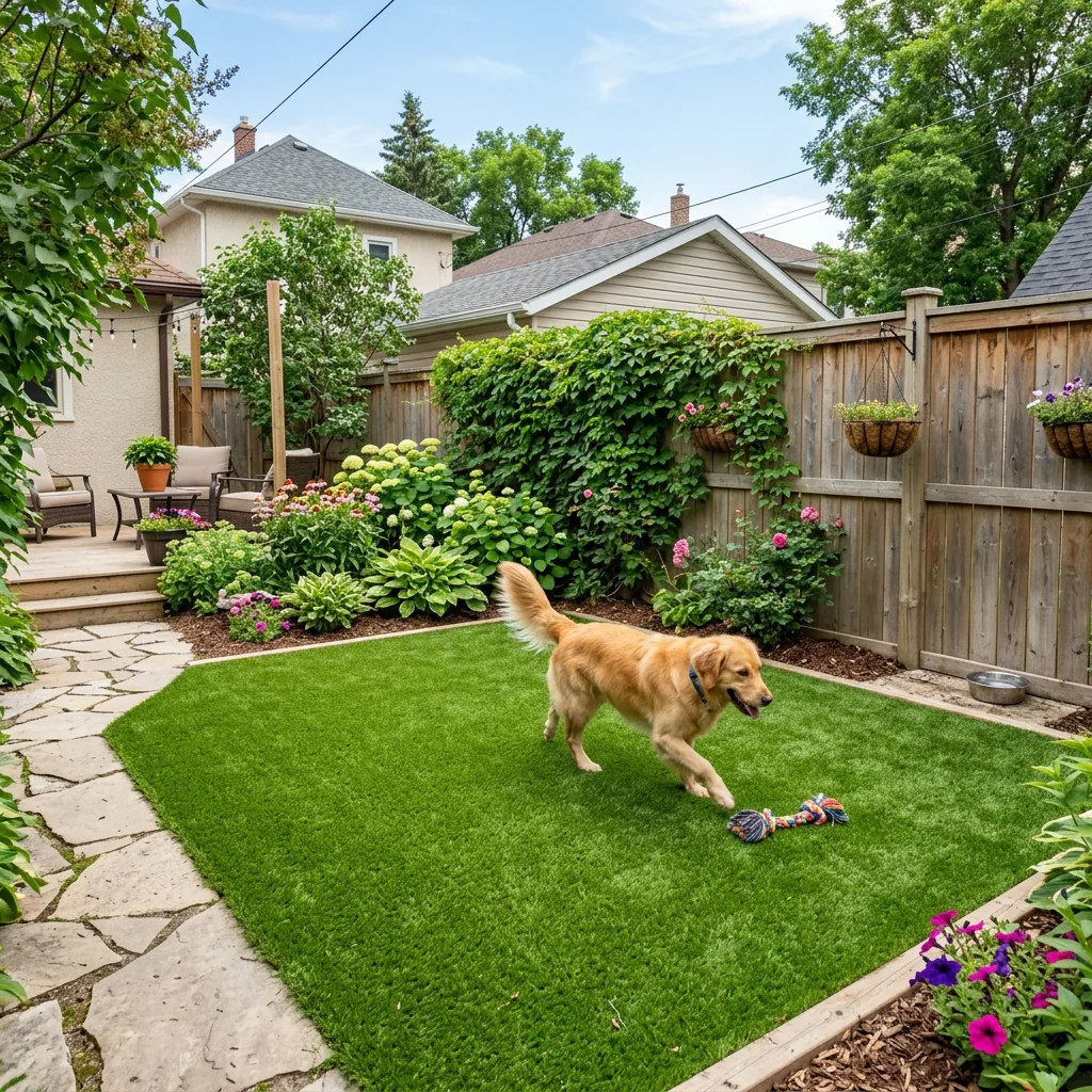 Synthetic turf pet yard installation in Winnipeg residential backyard showing Bella Turf drainage and clean surface