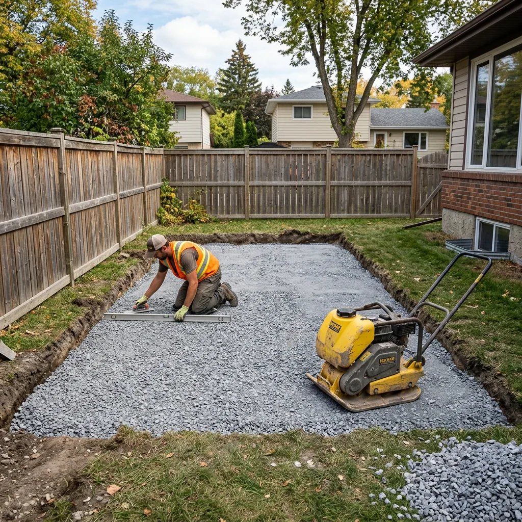 Synthetic turf base preparation in Winnipeg showing compacted crushed limestone sub-base before turf installation