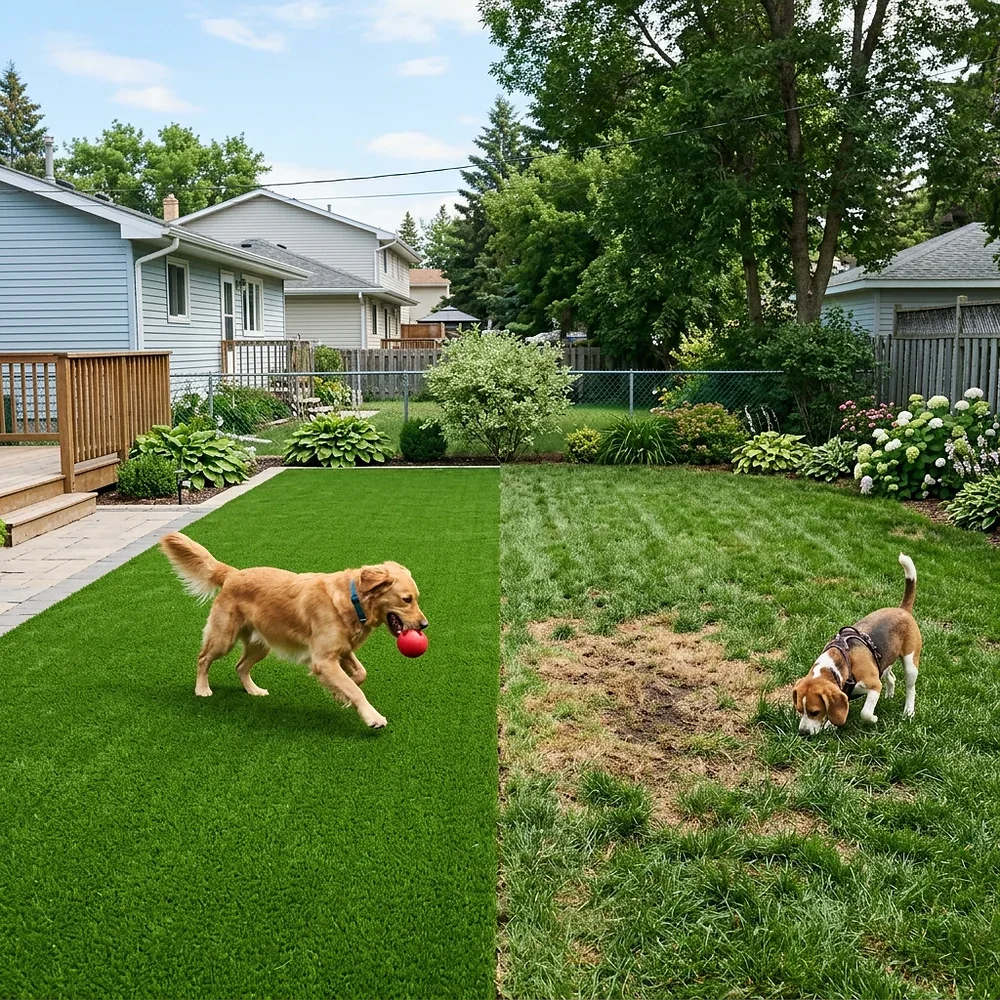 Side by side comparison of synthetic turf and natural sod in Winnipeg residential yard showing green artificial grass and natural grass sections