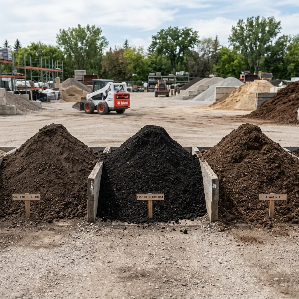 Three bulk soil products at Ditchfield Supplies Winnipeg showing screened topsoil compost and 4-way mix side by side for comparison