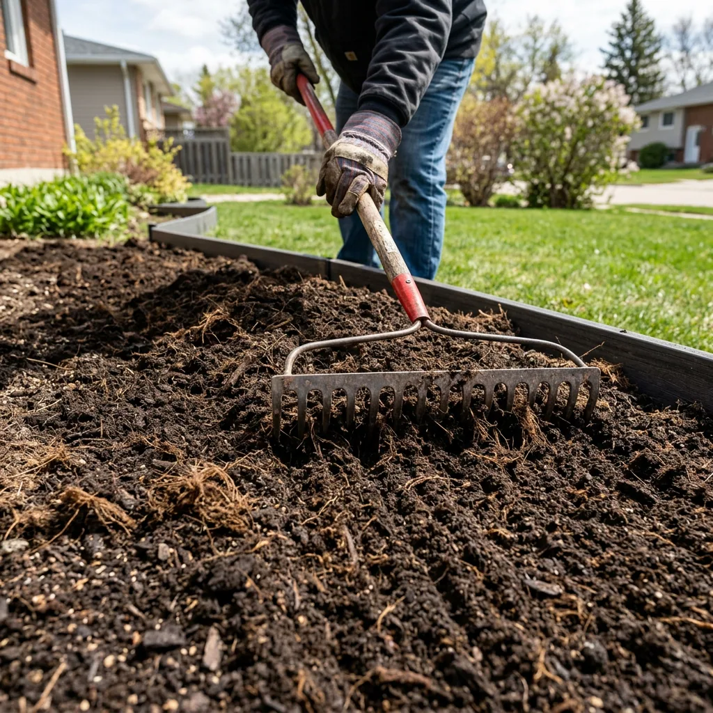 4-way mix being spread in Winnipeg garden bed showing rich blended soil with visible peat and compost components ready for planting