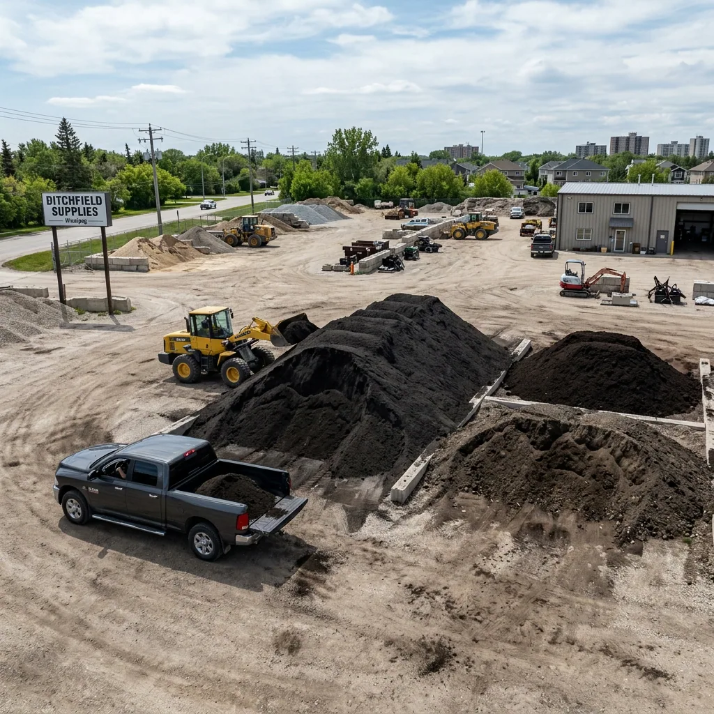 Ditchfield Supplies bulk soil yard Winnipeg showing topsoil compost and 4-way mix piles available for pickup and delivery