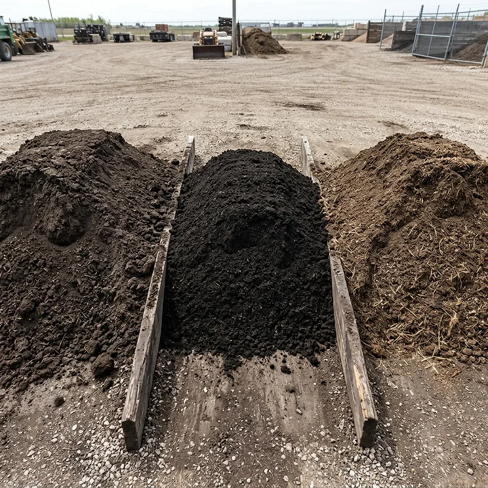 Three bulk soil products at Ditchfield Supplies Winnipeg showing screened topsoil compost and 4-way mix side by side for comparison