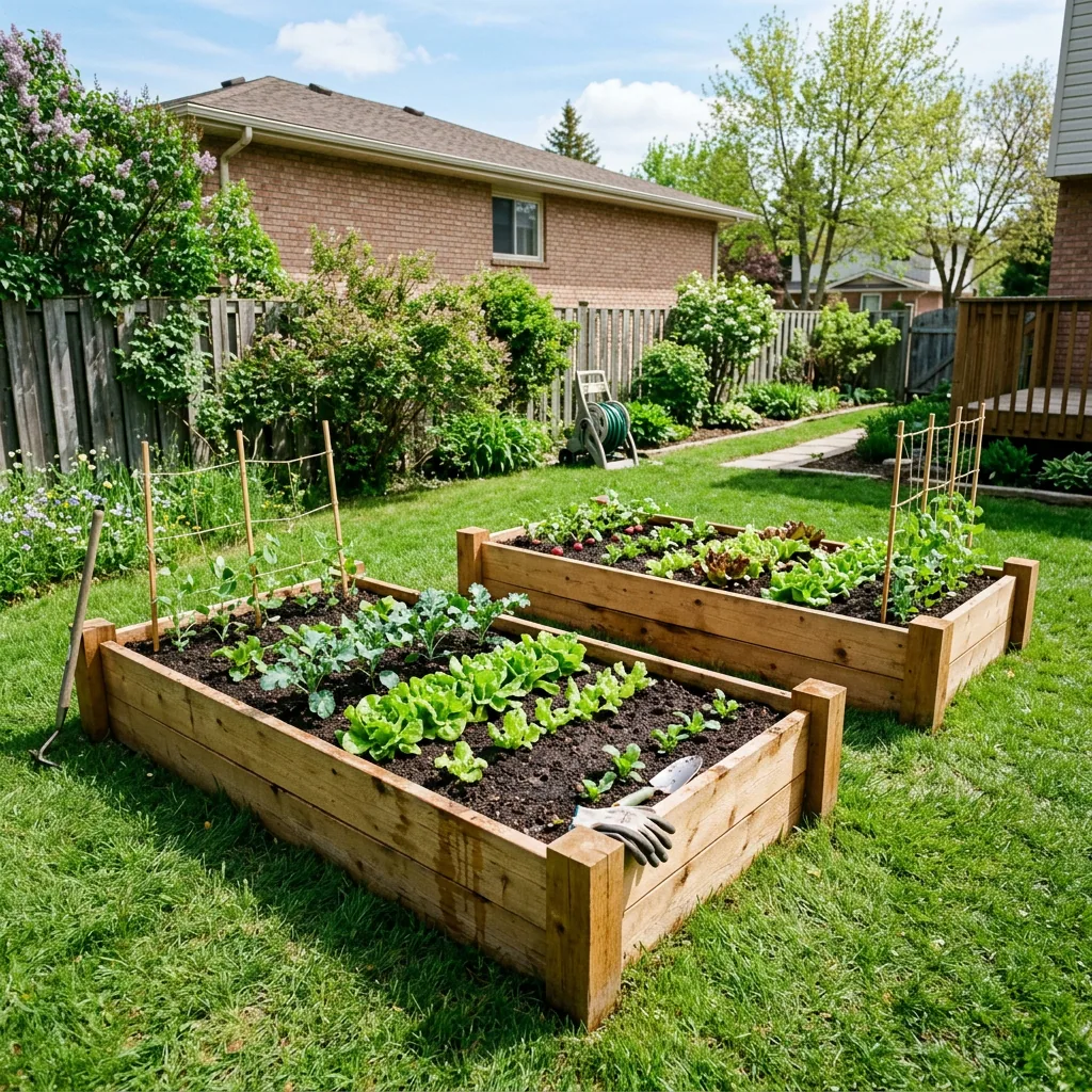 Cedar raised garden beds in Winnipeg backyard filled with 4-way mix soil and spring vegetables showing productive growing space