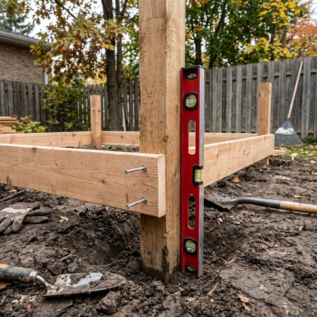 Raised bed construction detail in Winnipeg showing 4x4 corner post being set below grade for frost stability