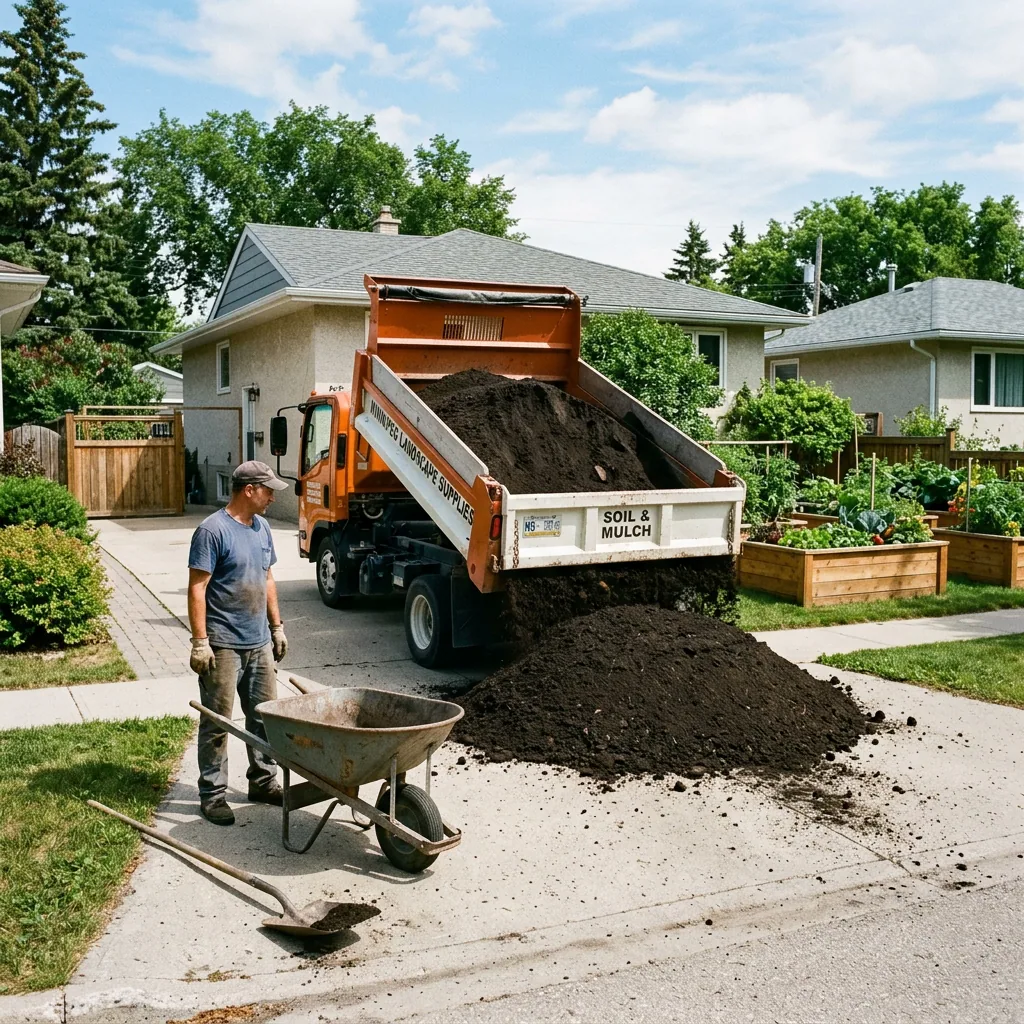 Ditchfield Supplies bulk 4-way mix delivery being unloaded at Winnipeg residential property for raised garden bed fill