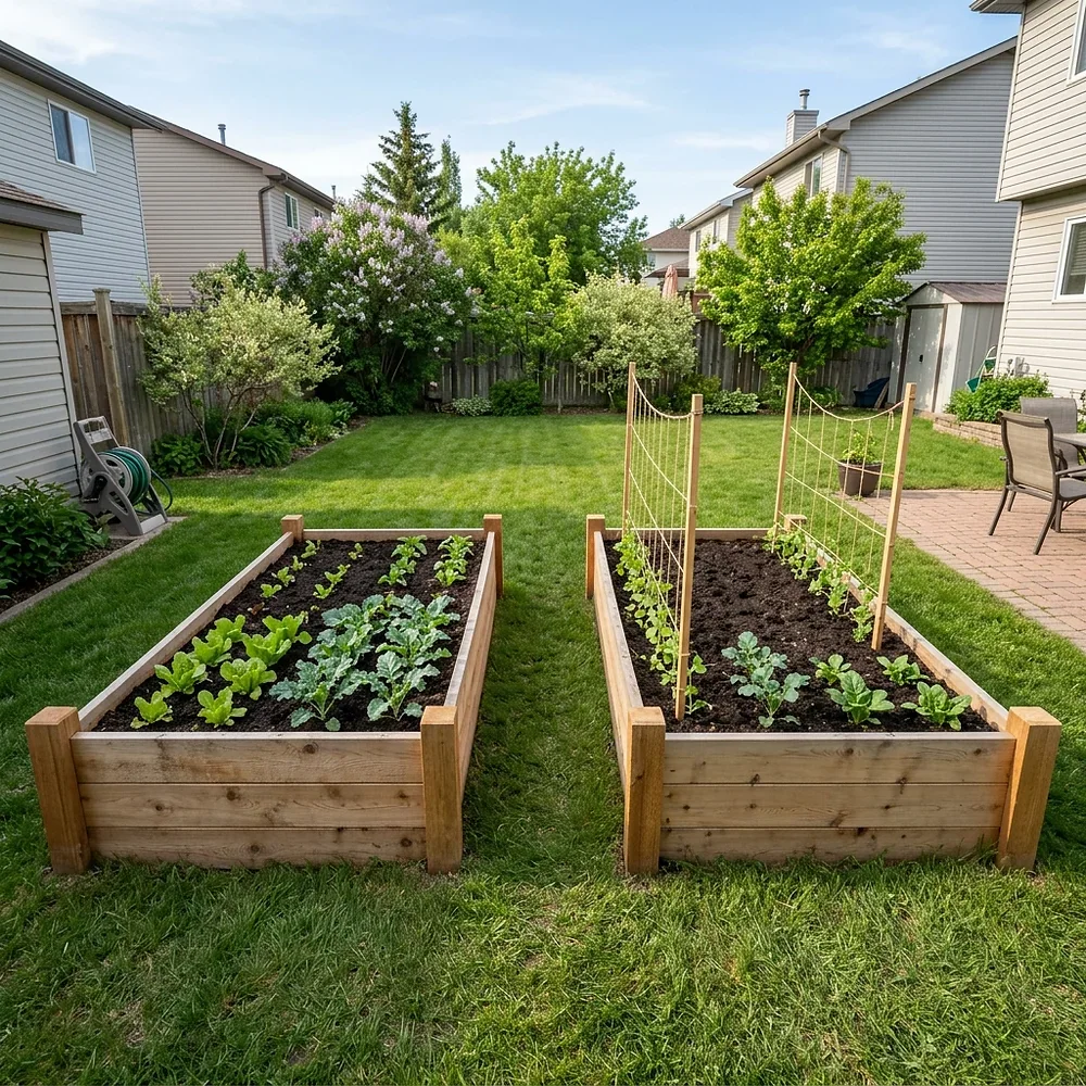 Cedar raised garden beds in Winnipeg backyard filled with 4-way mix soil and spring vegetables showing productive growing space