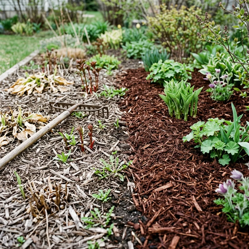 Winnipeg garden bed showing comparison of fresh cedar mulch beside faded grey compacted old mulch in spring illustrating when to refresh