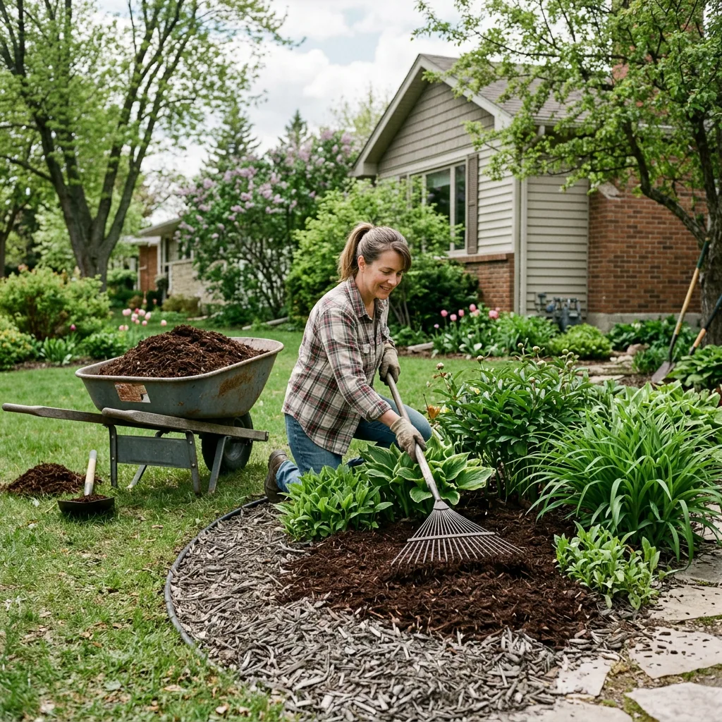 Homeowner applying fresh cedar mulch to Winnipeg garden bed in spring using wheelbarrow and rake topping up existing layer