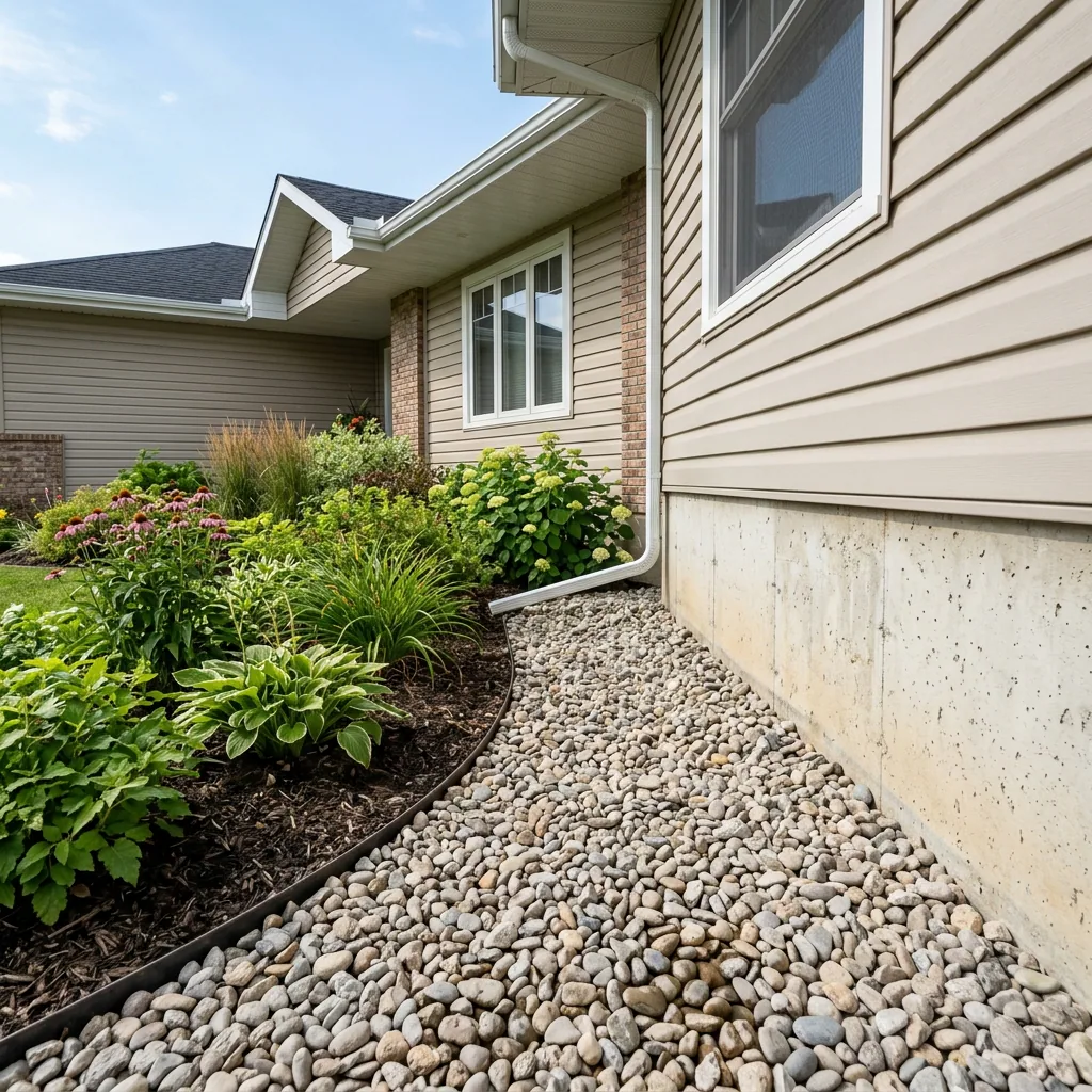 Winnipeg foundation border switched from wood mulch to clean crushed limestone and river stone with proper setback from house