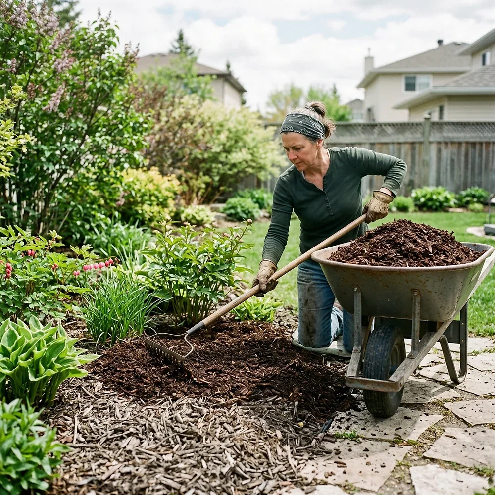 Winnipeg garden bed showing comparison of fresh cedar mulch beside faded grey compacted old mulch in spring illustrating when to refresh