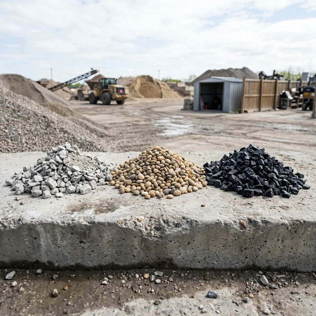 Multiple gravel and aggregate product samples including crushed limestone pea gravel and black granite at Ditchfield Supplies yard Winnipeg