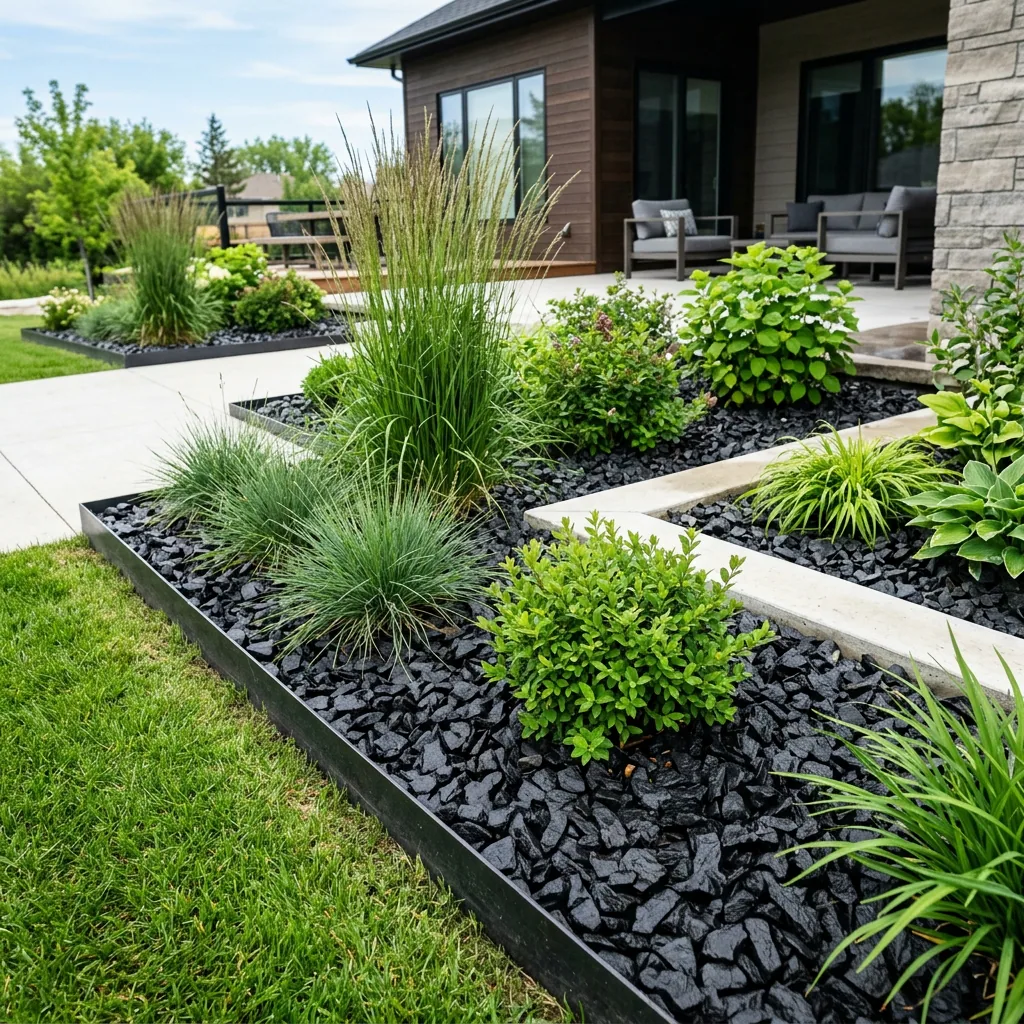 Black granite chips used as decorative garden bed groundcover in Winnipeg contemporary landscape design