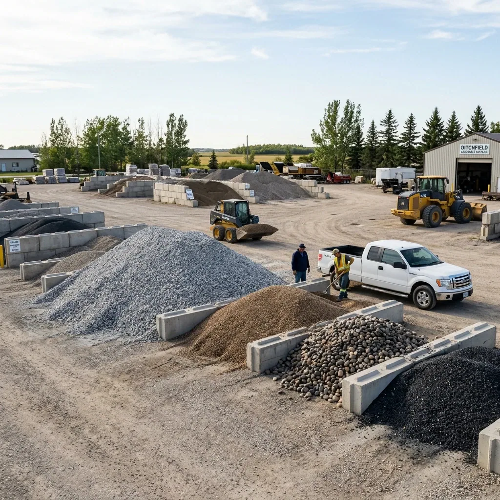 Ditchfield Supplies aggregate yard Winnipeg showing limestone pea gravel and decorative stone stockpiles available for pickup and delivery