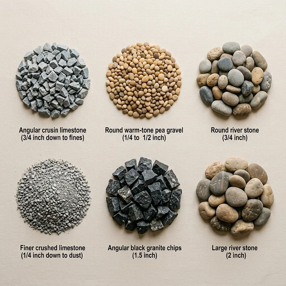 Multiple gravel and aggregate product samples including crushed limestone pea gravel and black granite at Ditchfield Supplies yard Winnipeg