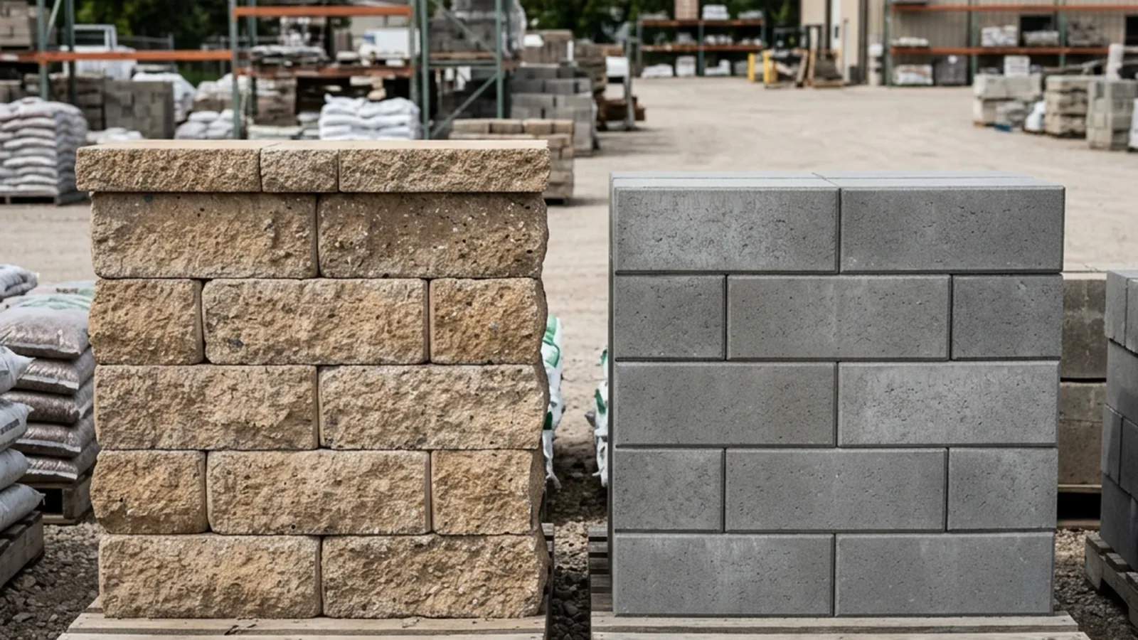 Retaining wall installation in Winnipeg showing Belgard and Barkman concrete block profiles side by side for comparison
