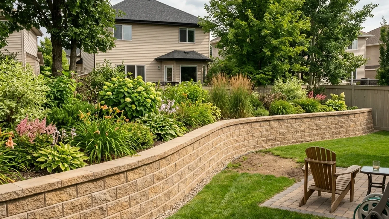 Completed Winnipeg residential retaining wall installation showing properly stacked concrete block with batter and cap installation