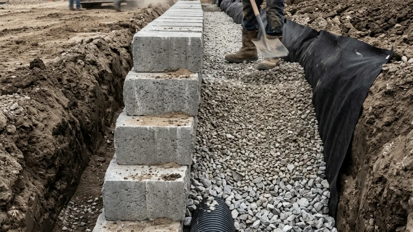 Retaining wall drainage installation showing granular backfill and perforated pipe behind concrete block wall in Winnipeg