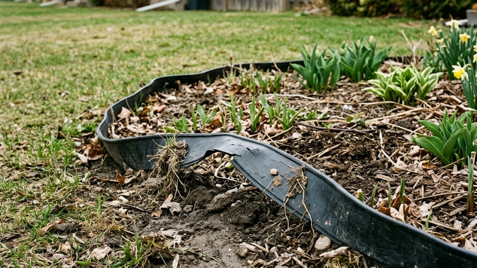 Plastic landscape edging heaved out of ground in Winnipeg spring showing frost heave failure after two winters in clay soil