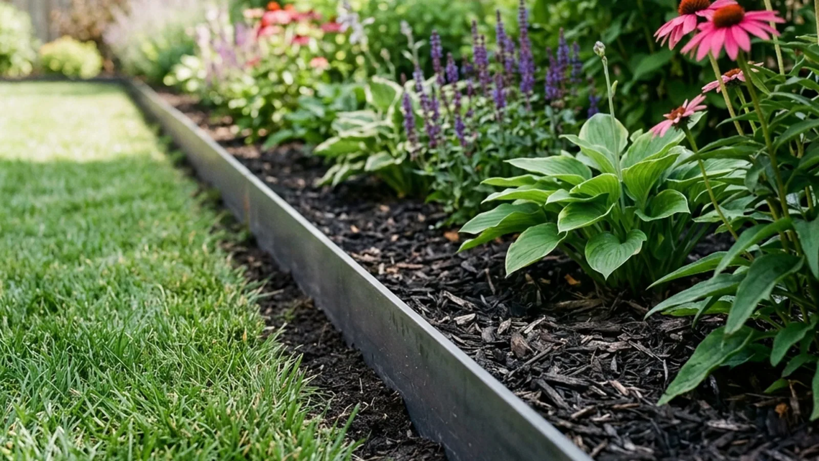 Steel landscape edging installed at proper depth in Winnipeg garden bed showing clean lawn to bed separation with no frost heave