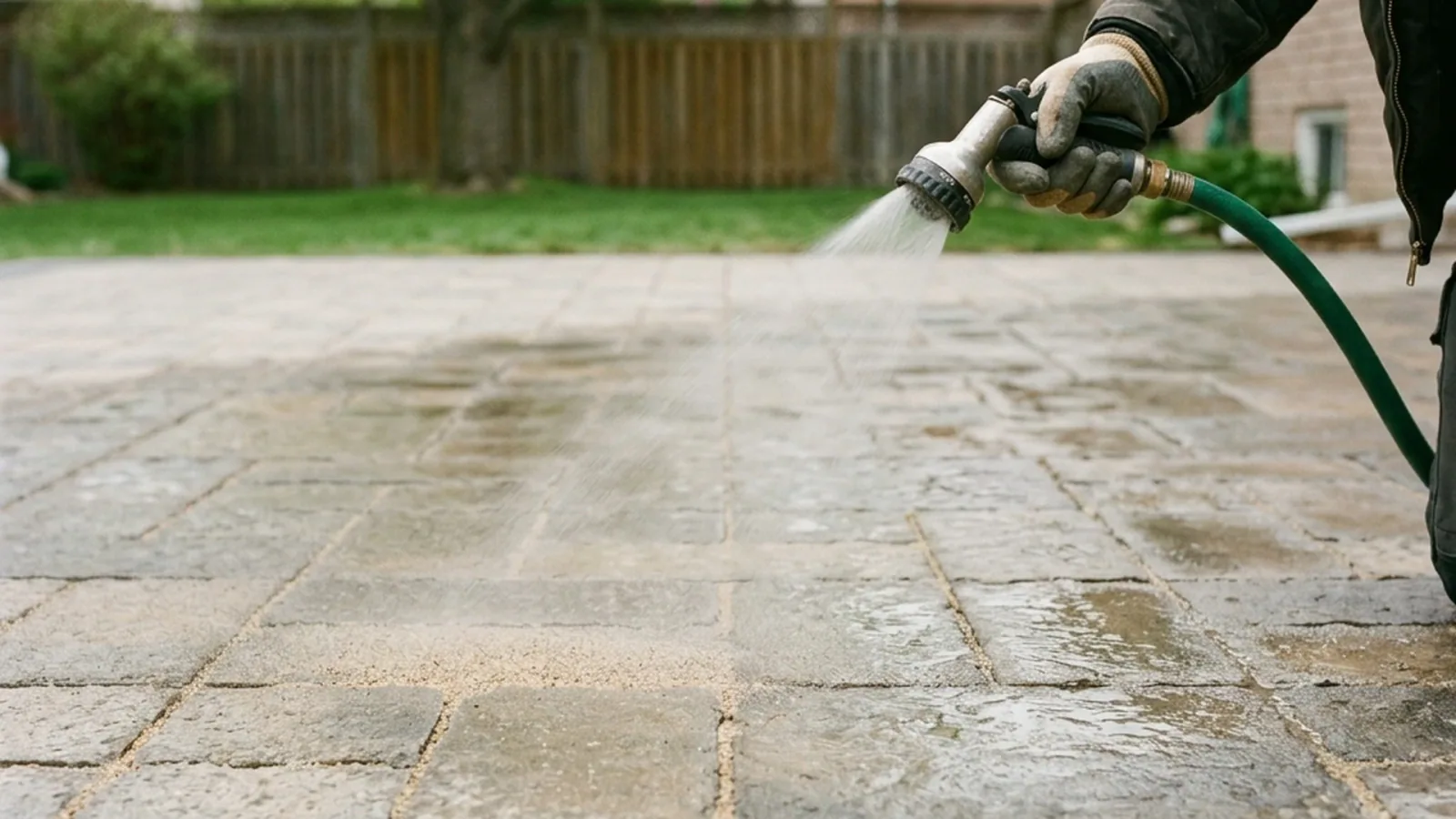 Polymeric sand activation with gentle mist spray on Winnipeg interlocking paver patio showing proper water application technique