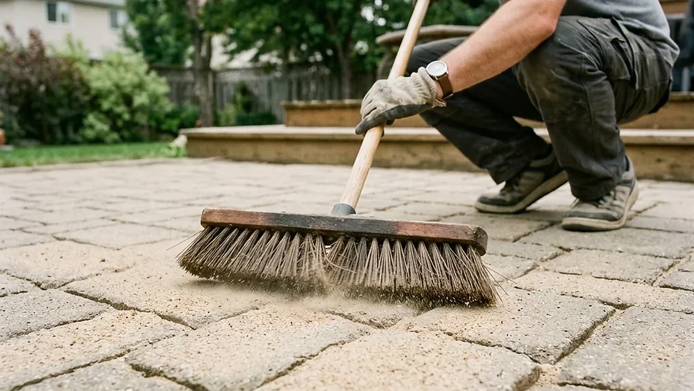 Polymeric sand being applied to interlocking paver joints with stiff bristle broom on Winnipeg patio showing proper joint filling technique