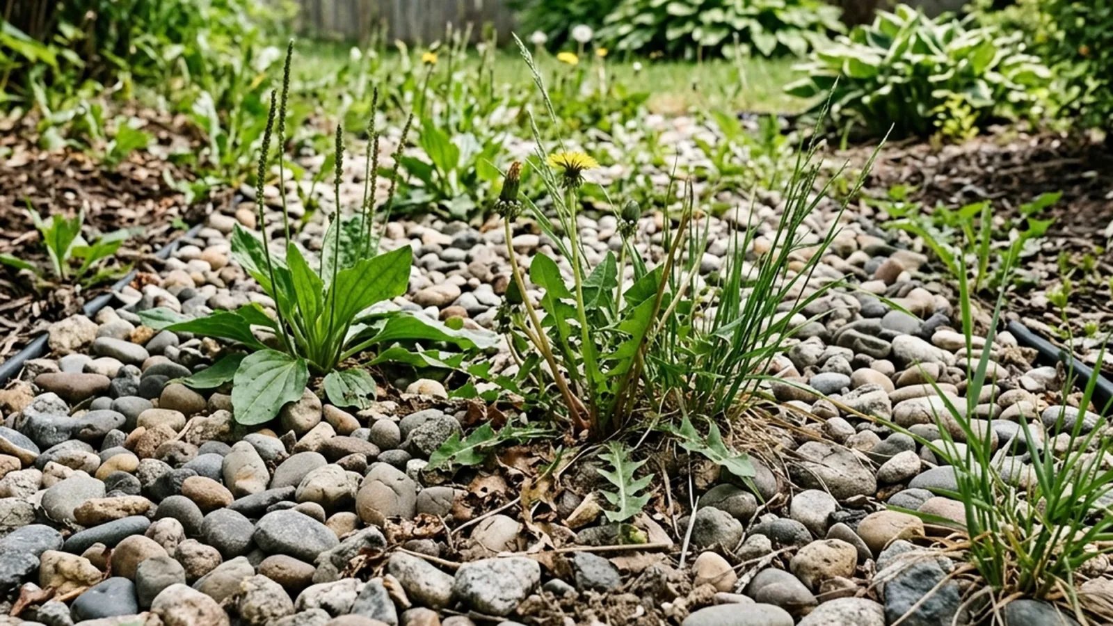 Decorative rock garden bed in Winnipeg showing weeds germinating in accumulated organic debris within the stone layer