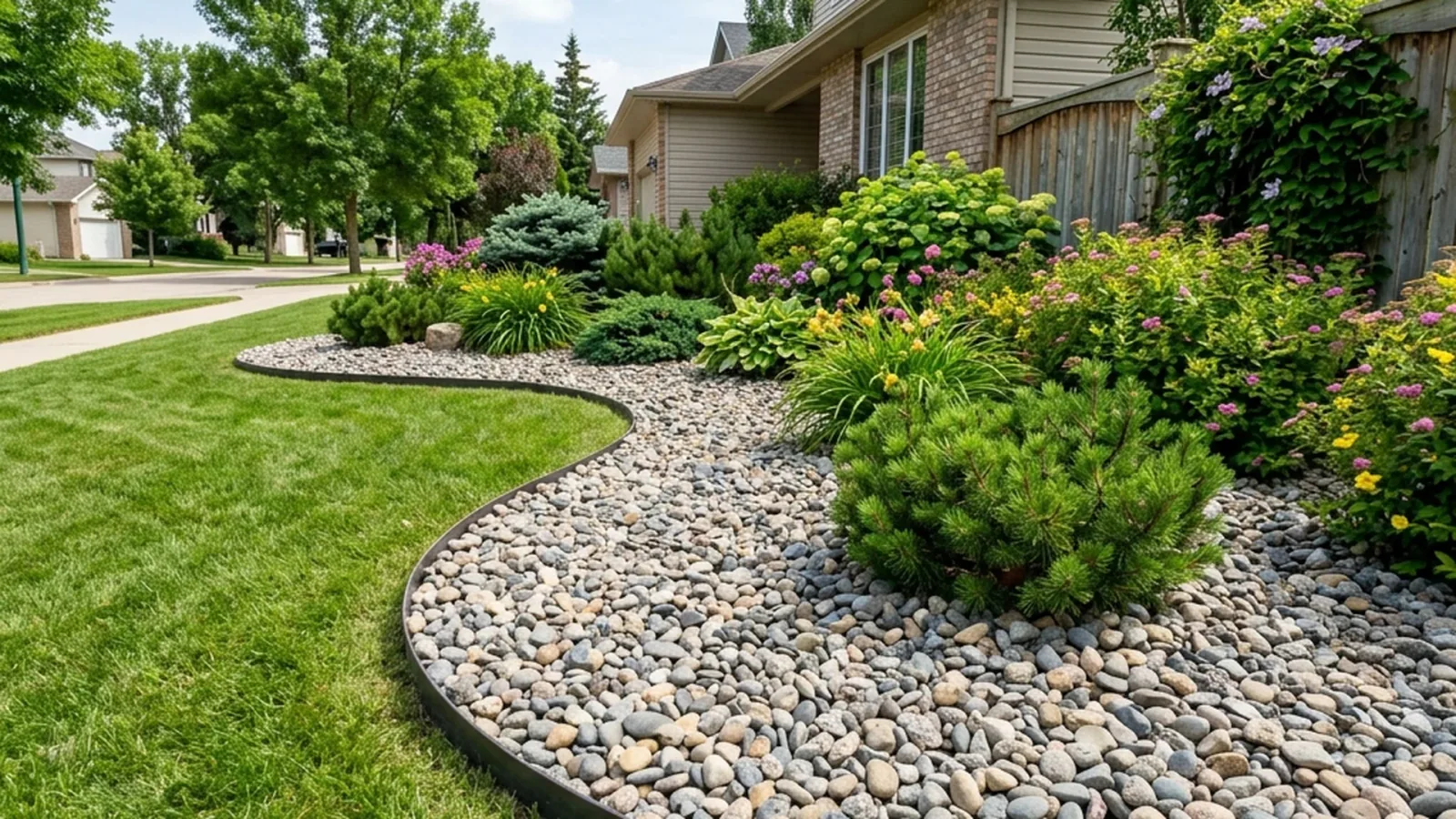 Well-installed decorative rock garden bed in Winnipeg showing proper 3 to 4 inch depth and clean steel edge restraint preventing soil migration
