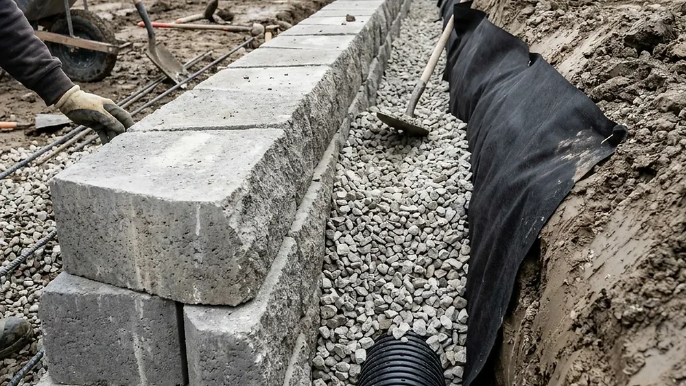 Drain rock retaining wall drainage Winnipeg crushed limestone backfill geotextile fabric and weeping tile installation
