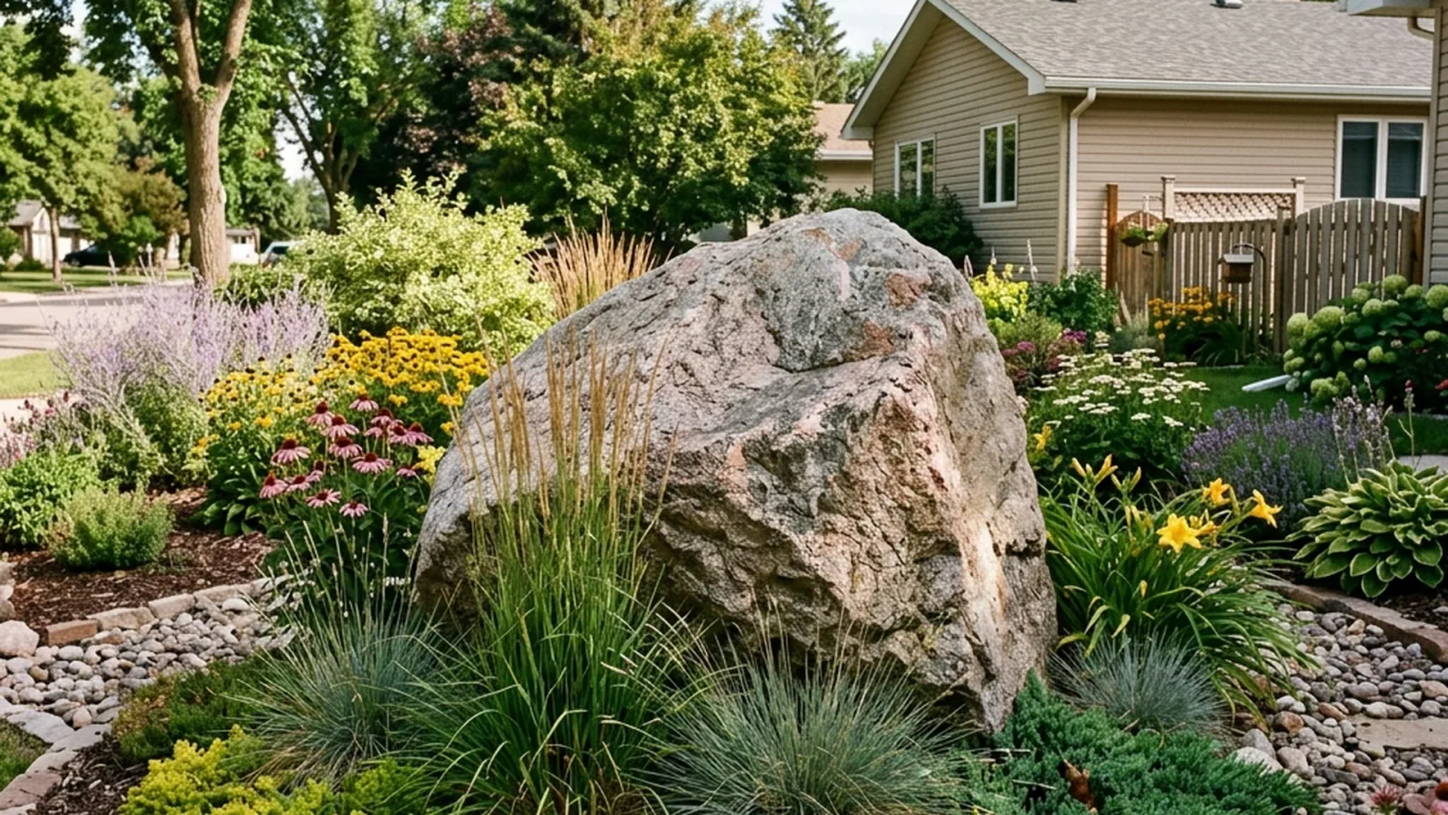 Large granite boulder placed in Winnipeg rock garden with ornamental grasses and creeping plants at base showing one-third burial depth