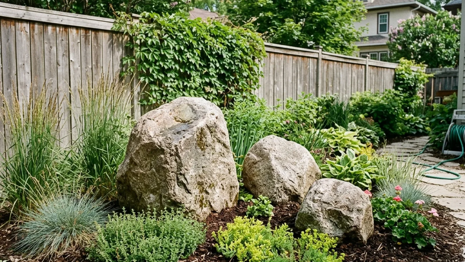 Group of three landscape boulders in Winnipeg garden showing odd number grouping varied sizes proper burial depth and natural composition