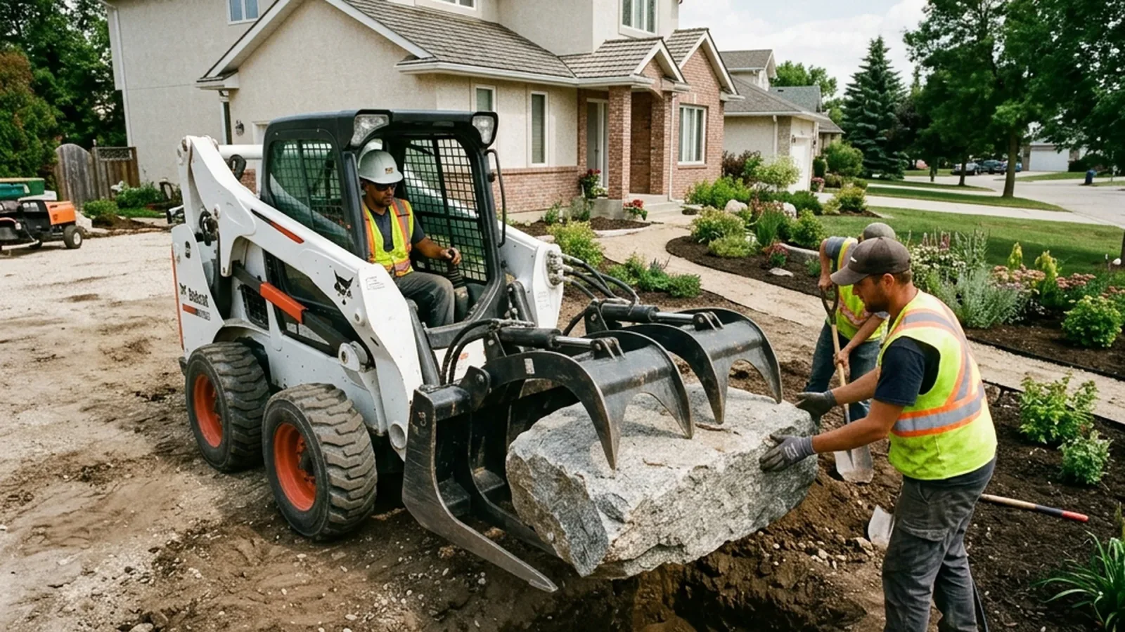 Skid steer placing large granite boulder in Winnipeg residential landscape showing equipment required for boulder placement