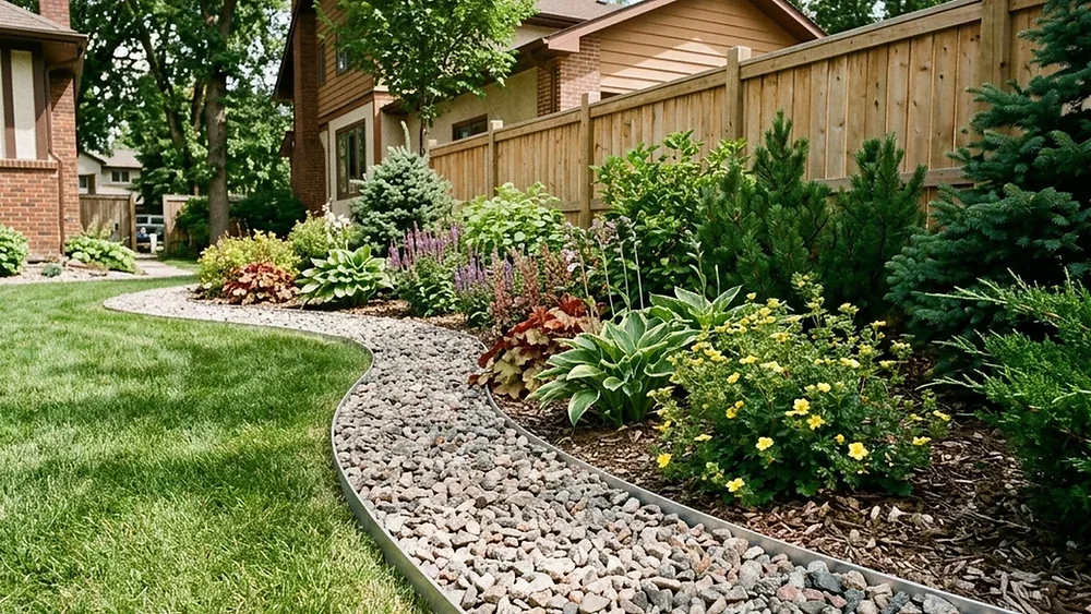 Large granite boulder placed in Winnipeg rock garden with ornamental grasses and creeping plants at base showing one-third burial depth