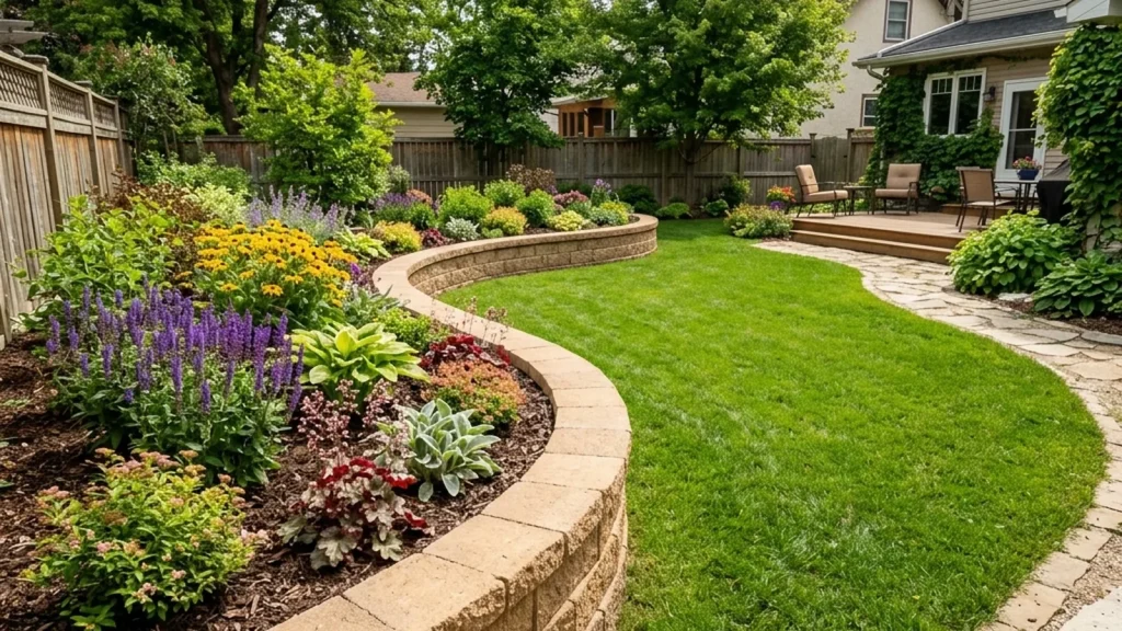 Curved raised planter wall built from segmental concrete blocks in a Winnipeg garden