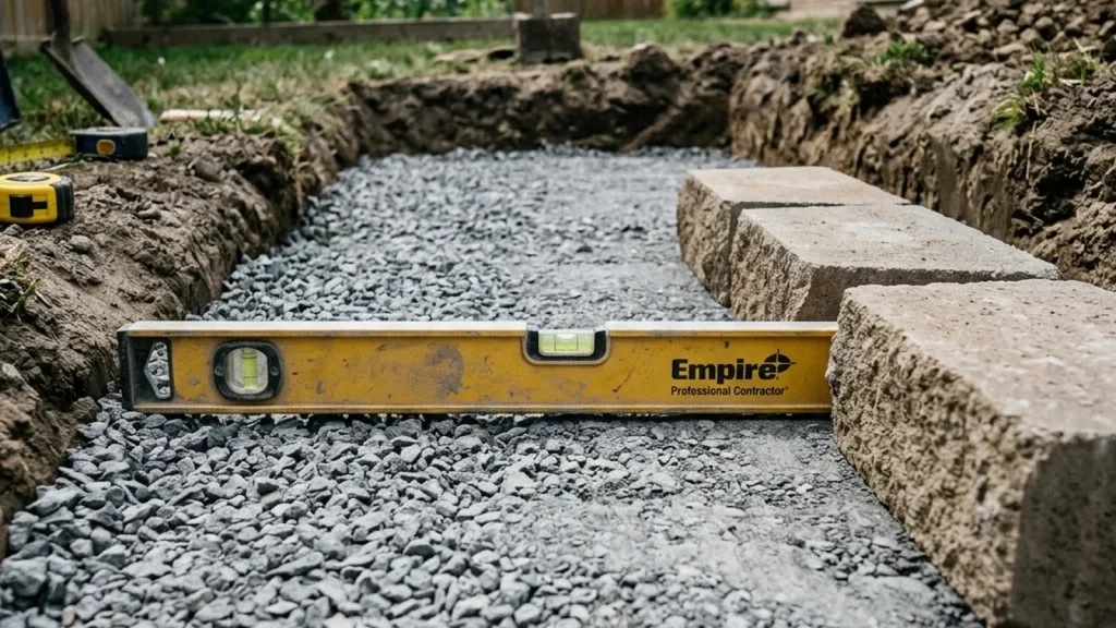 Base preparation for a planter wall in Winnipeg showing compacted gravel before the first block course is set