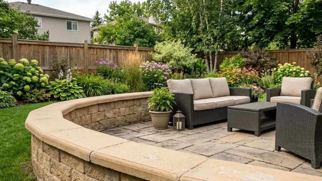 Low segmental block seat wall on a Winnipeg patio showing planter wall block used for a freestanding architectural feature