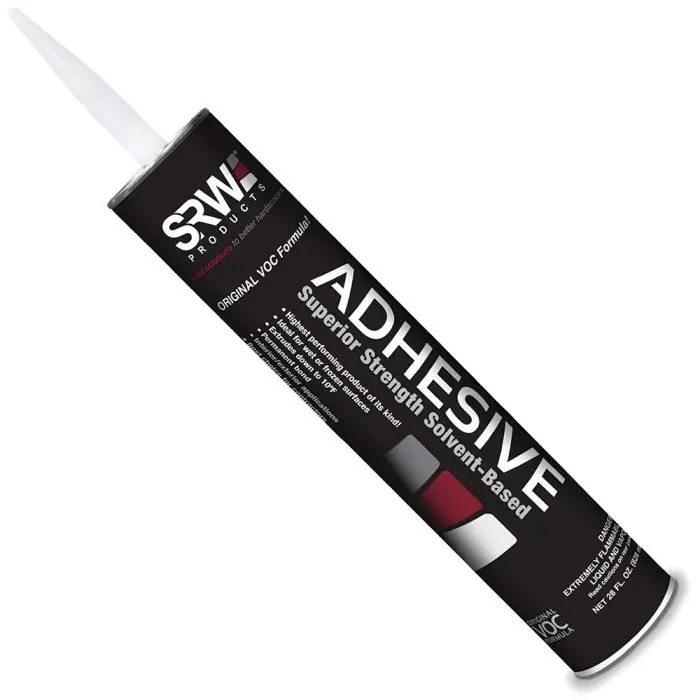 A tube of SRW Products Superior Strength Solvent-Based construction adhesive on a white background
