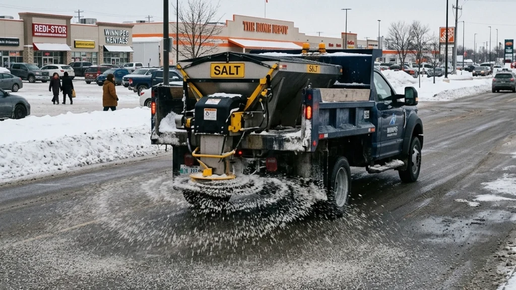 Calibrated salt spreader applying rock salt to Winnipeg commercial parking lot at right-sized application rate